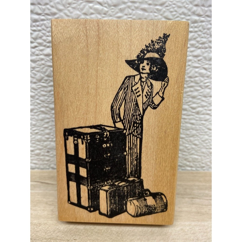 Stamp Of Excellence Lady With Suitcases Wood Mounted Rubber Stamp